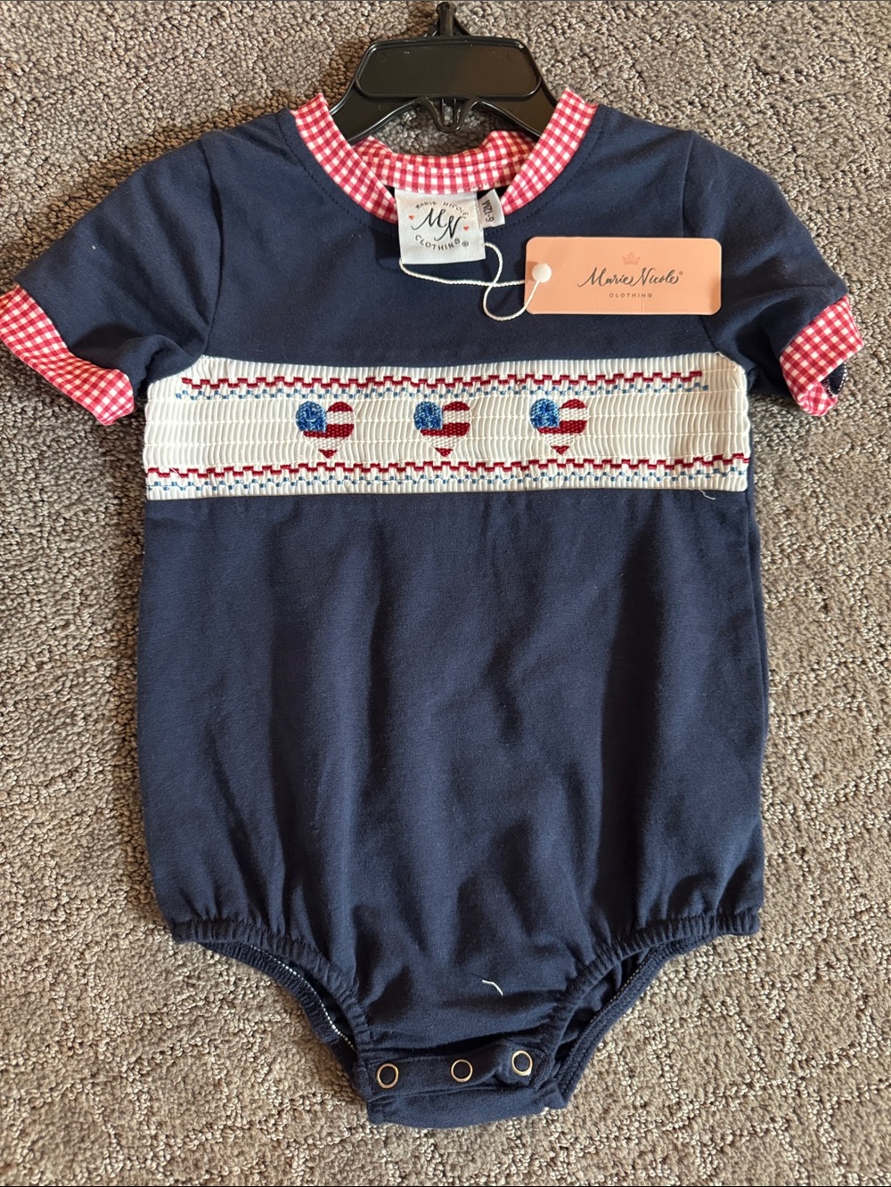 Navy Smocked One-Piece with Red Gingham Trim and USA Hearts